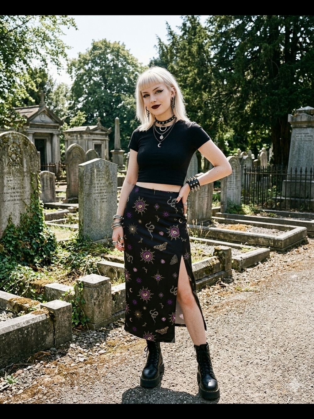 Black Midi Skirt with Purple & Gold Celestial Print and Side Slit